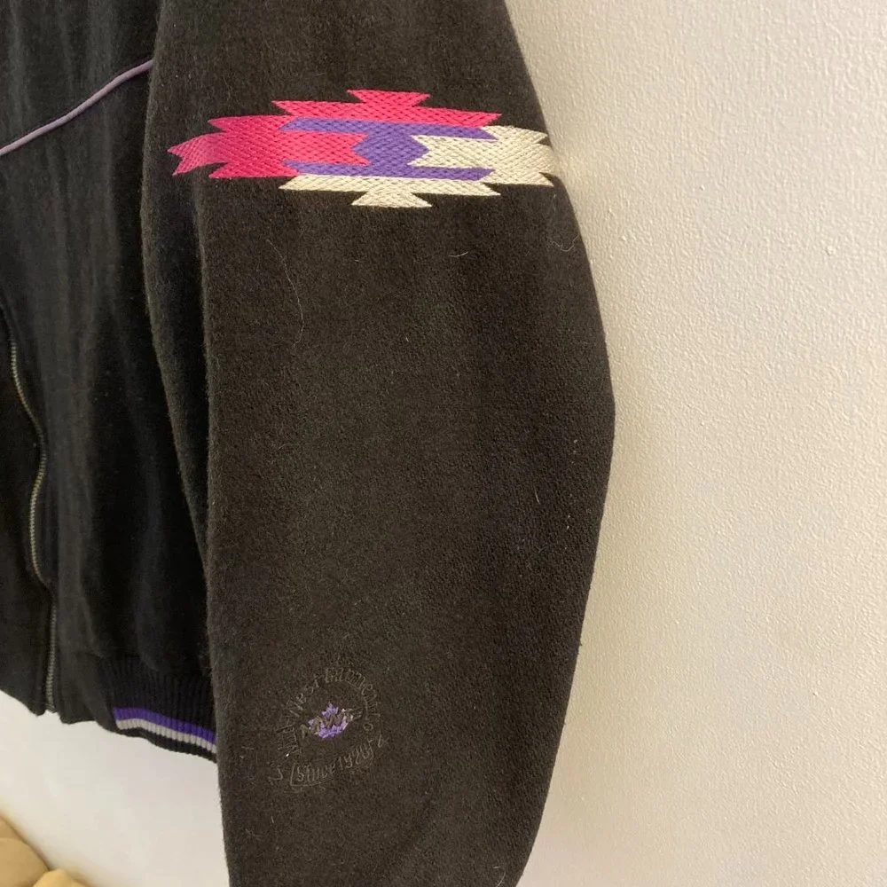 Black Wool Leather Bomber Vtg Jacket Southwest Graphic made in Canada - Picture 4 of 16